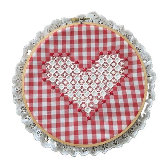 Handmade Other - Vintage Embroidered Heart Loop Lacw Trim Plaid Gimgham Cottagecore Farmhouse